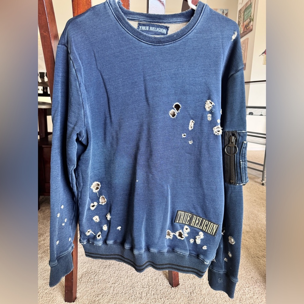 True Religion Men's Distressed Navy Blue Sweatshirt